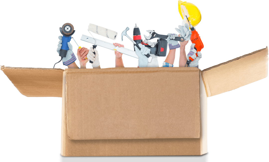 Transparent Box of Hands Holding Various Mechanics and Tools