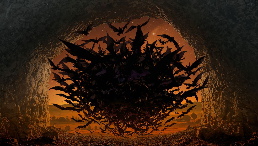 Swirling Bats Emerge from Twilight Cave at Sunset