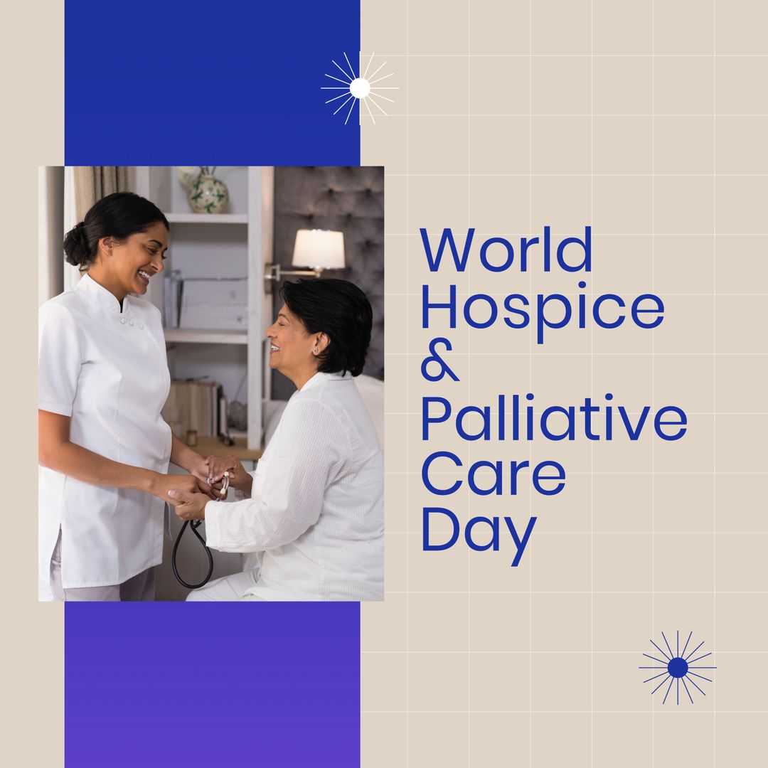 Smiling Asian Woman Holding Nurse's Hands Promotes World Hospice Day