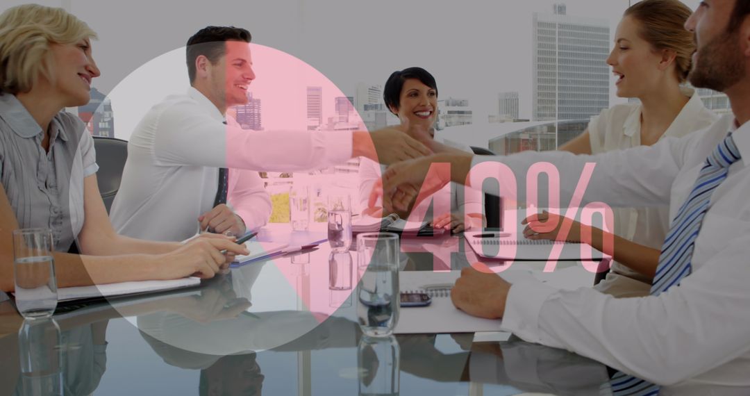 Diverse Business Team Discussing Financial Reports with Overlay