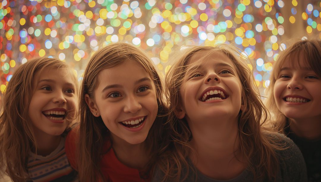Joyful Children Celebrating with Vibrant String Lights Indoors