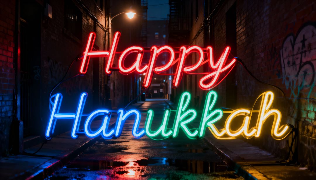 Vibrant Happy Hanukkah Neon Sign Casting Colorful Puddle Reflections in Urban Alley