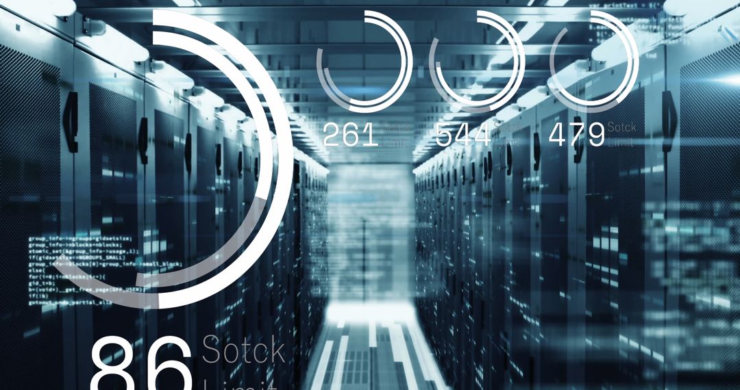 Futuristic Data Center with Digital Interface and Analytics Display