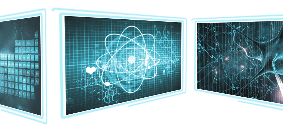 Transparent Digital Screens with Medicine Icons and Technology Symbols
