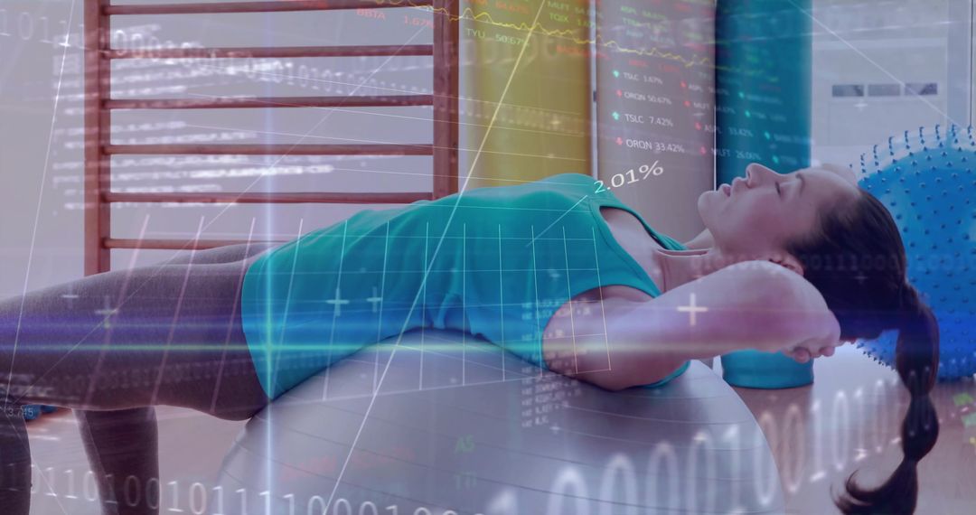 Woman Exercising on Stability Ball with Data Technology Overlay