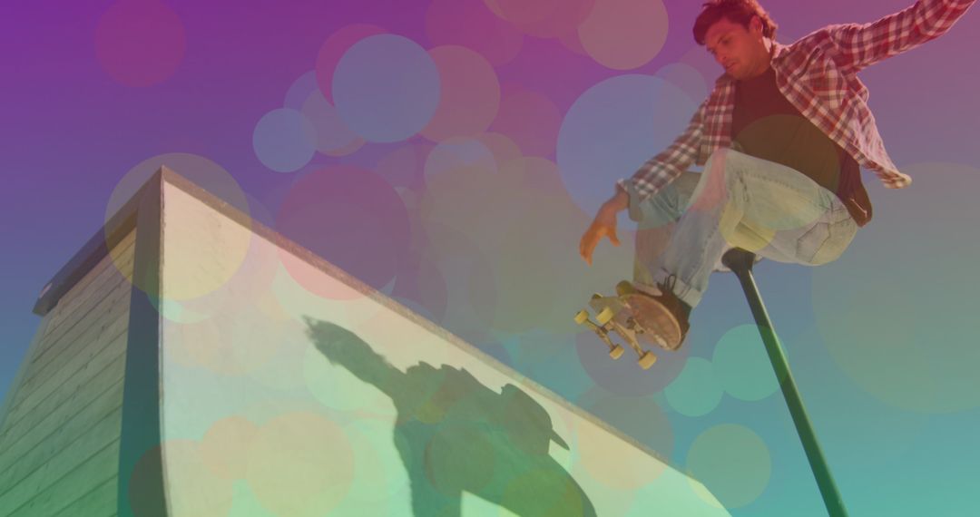 Man Doing Extreme Skateboarding Trick on Ramp in Colorful Overlay