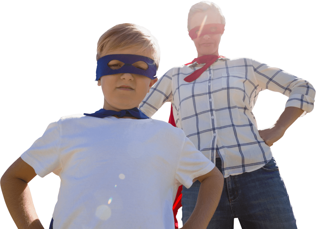 Mother and Son as Superheroes on Transparent Background