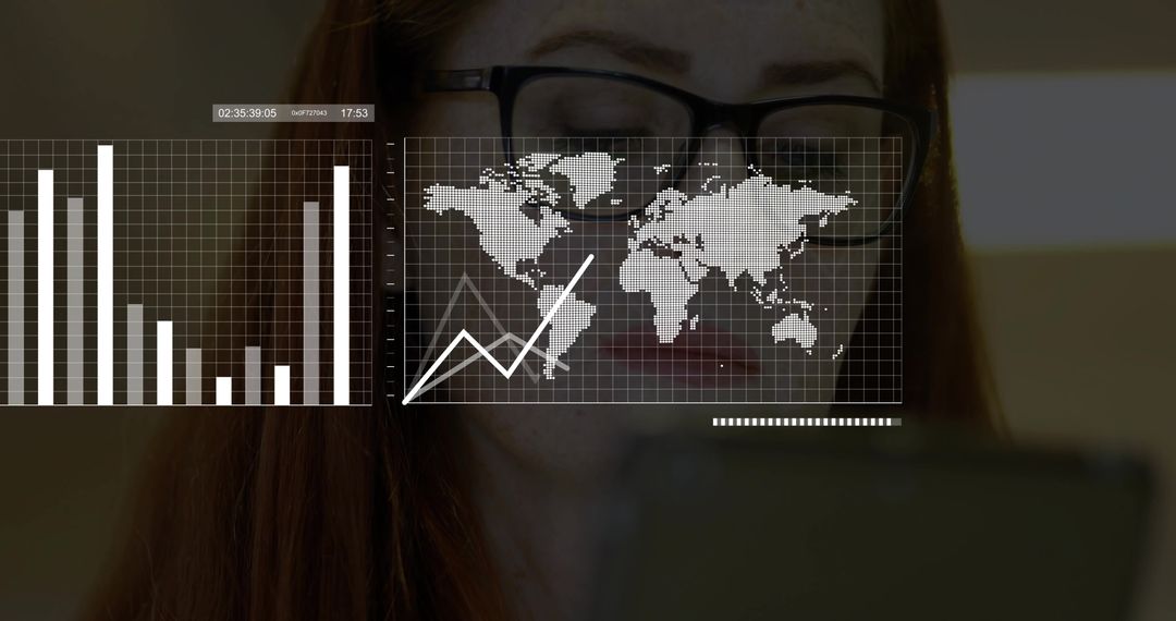 Woman Analyzing Global Data Visualizations on Tablet with Glasses and Digital Charts