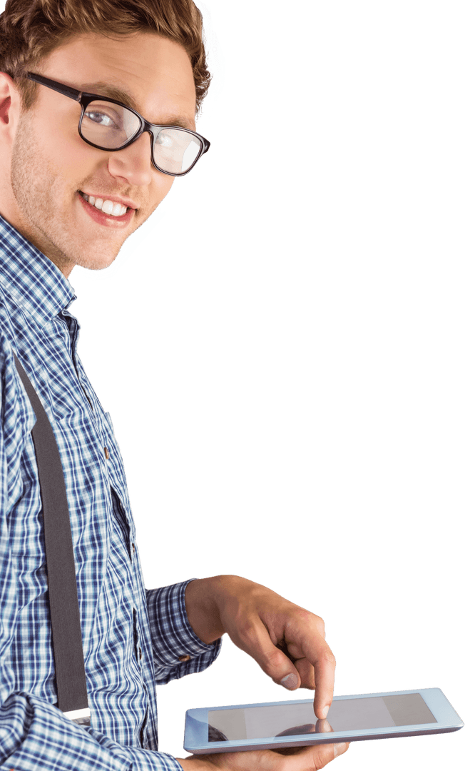 Transparent Enthusiastic Businessman Using Tablet for Digital Solutions