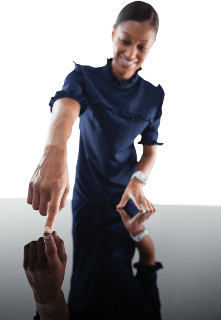 Smiling Businesswoman on Transparent Surface Creating Interactive Display