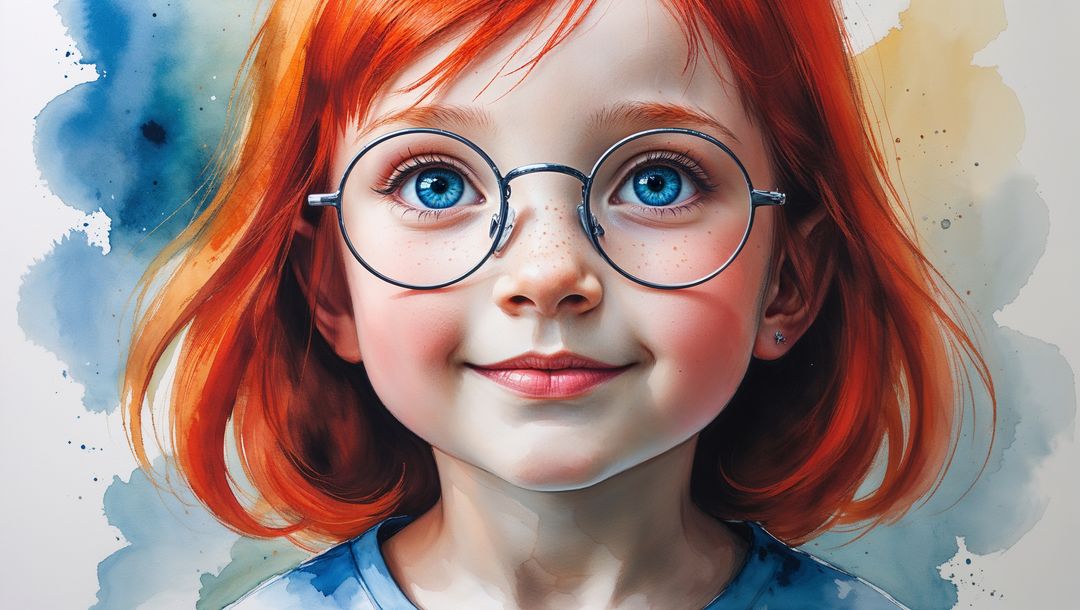 Entrancing Red-Haired Child Adorned with Glasses in Artistic Watercolor Portrait