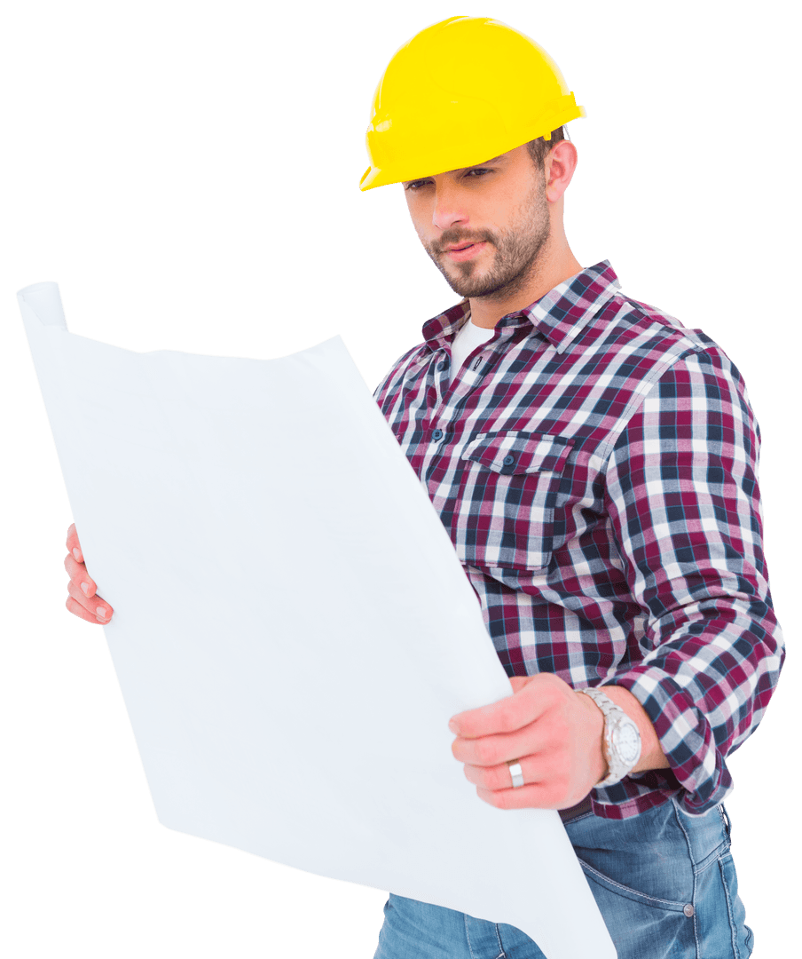 Focused Construction Worker Examining Blueprints Transparent Background