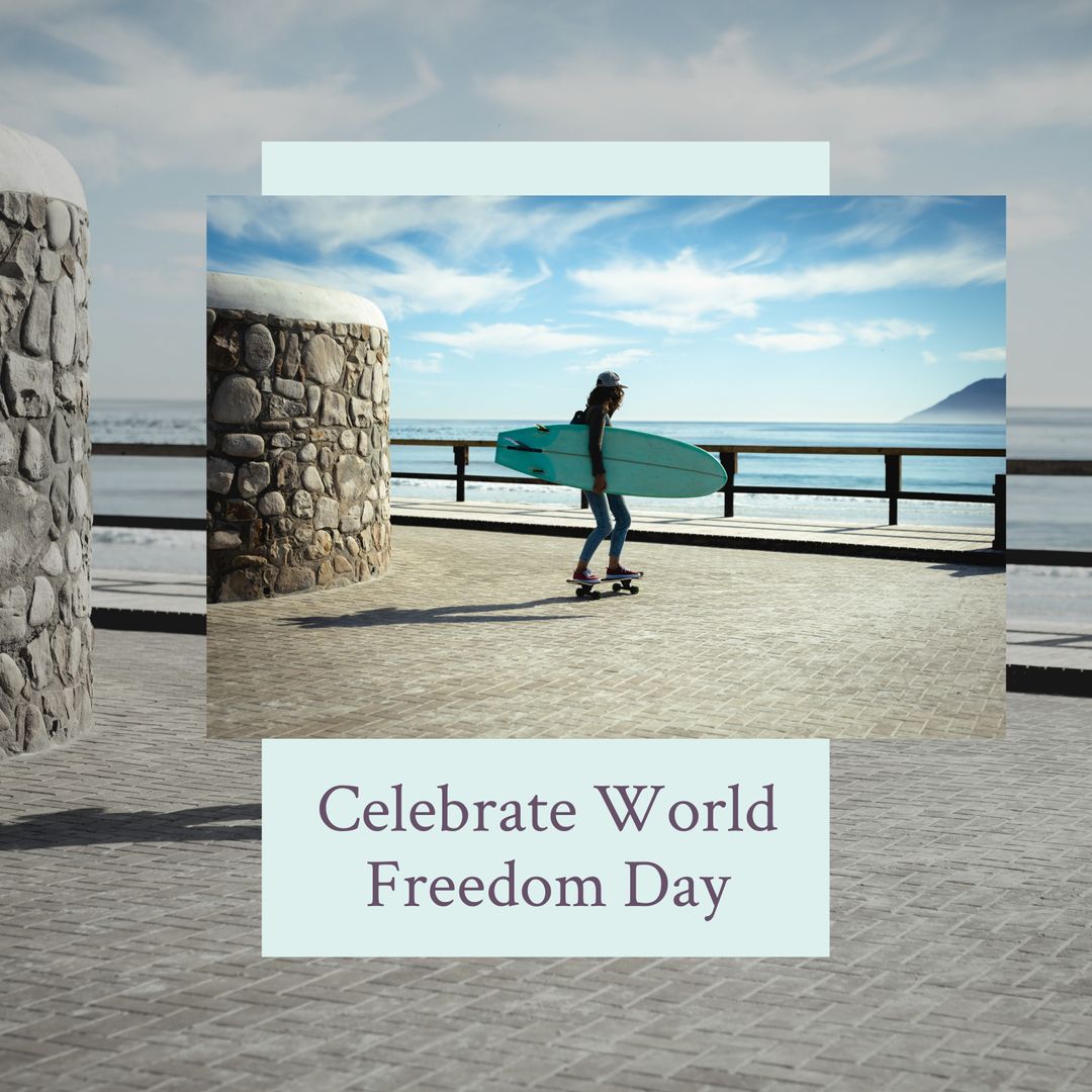 African American Skater with Surfboard on Promenade