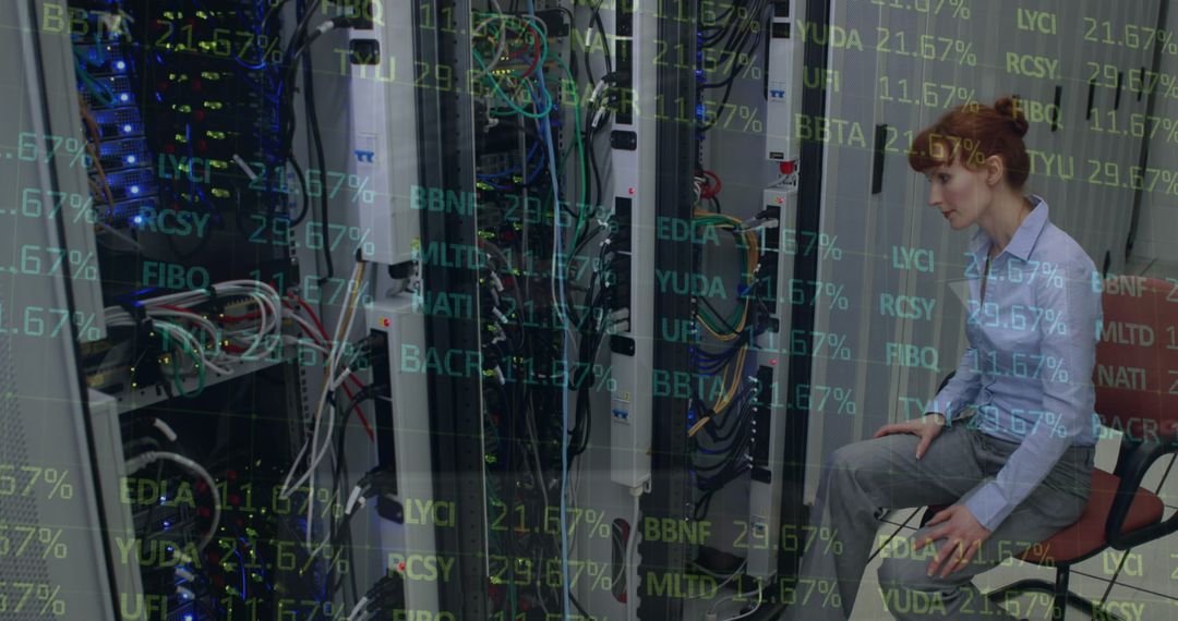 Female Engineer Analyzing Data in Server Room Overlay