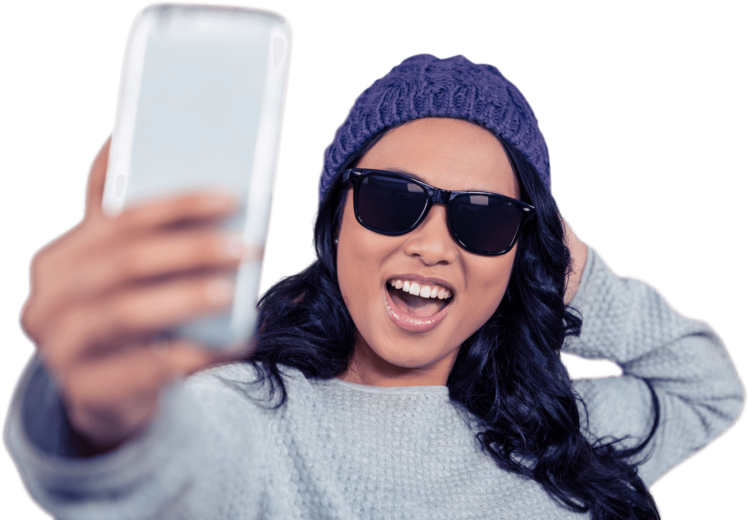 Joyful Asian Woman Taking Selfie with Sunglasses on Transparent Background