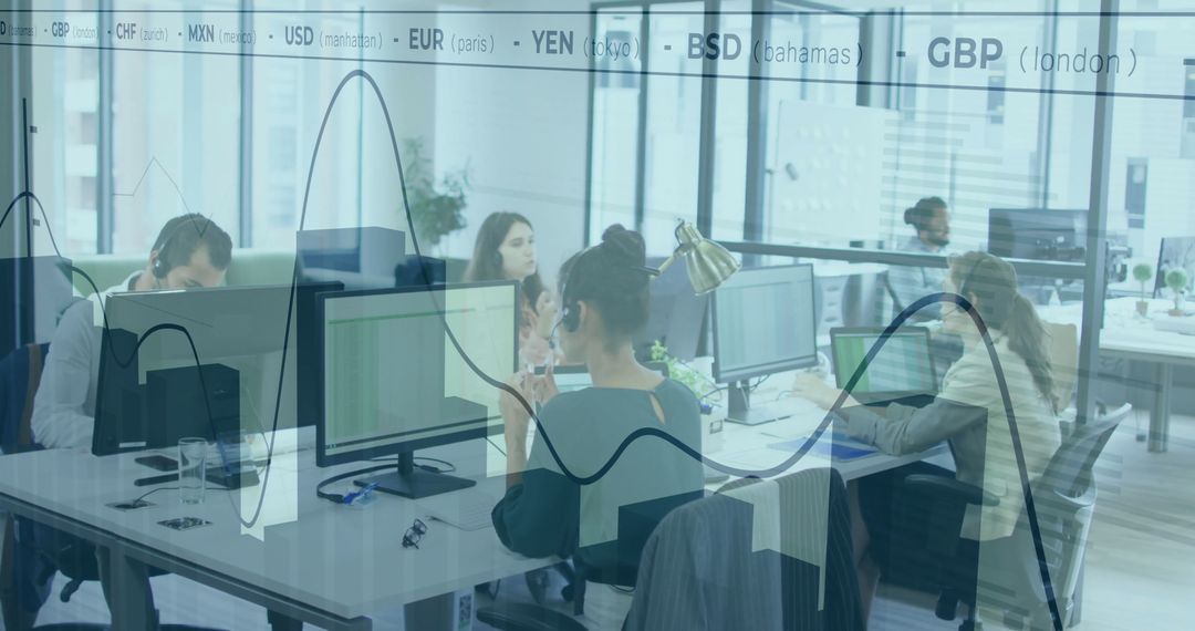 Team Collaborating in Modern Office with Financial Analytics Overlay