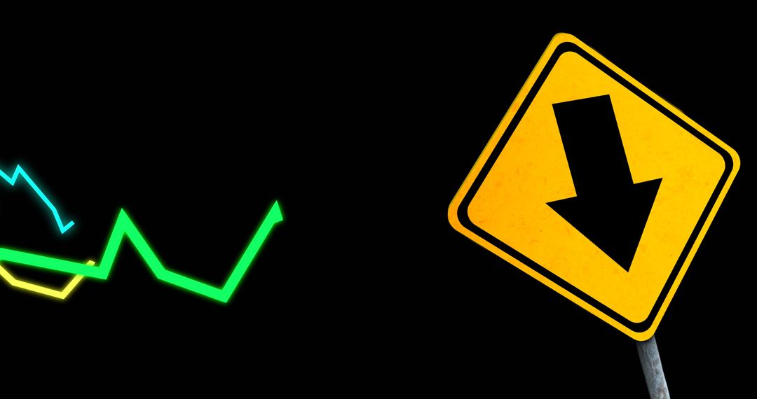 Economic Downturn Concept with Road Sign and Glowing Graph Lines