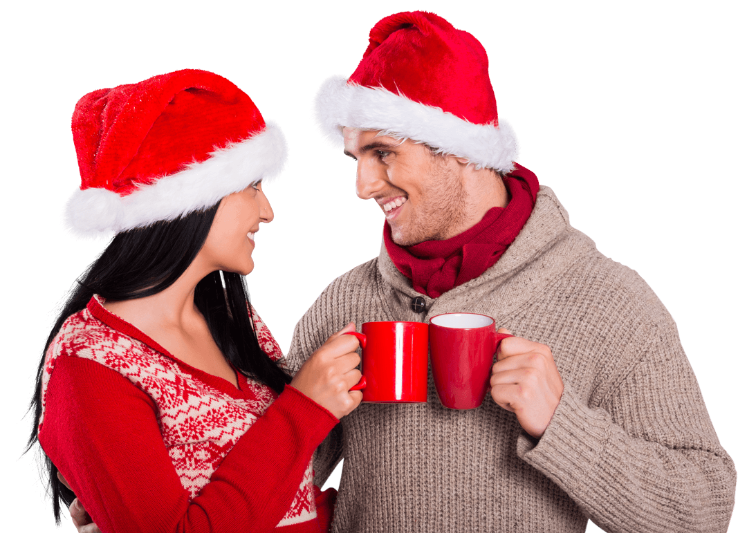 Festive Couple Smiling in Christmas Hats Holding Mugs on Transparent Background
