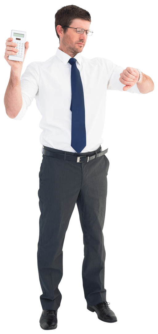 Transparent Businessman Checking Time Holding Calculator