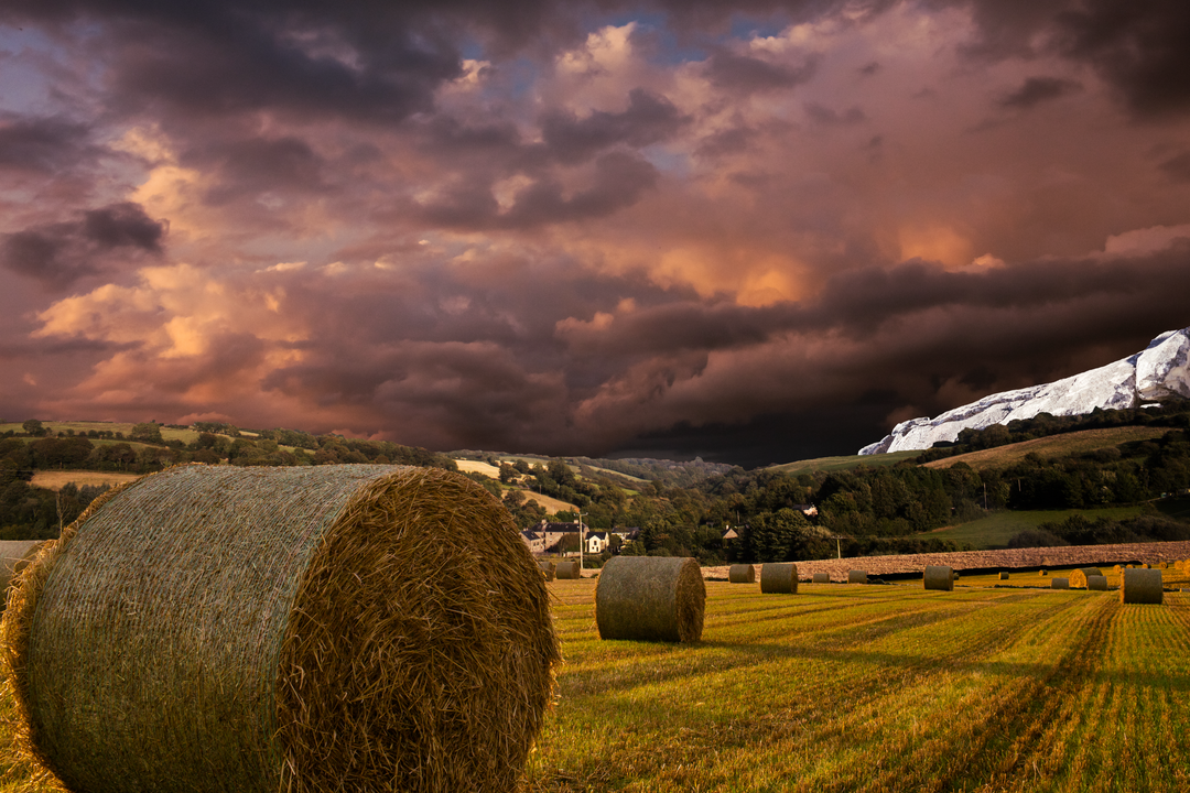 Transparent farming field with hay bales under dramatic, cloudy sky, harvesting concept - Download Free Stock Images Pikwizard.com