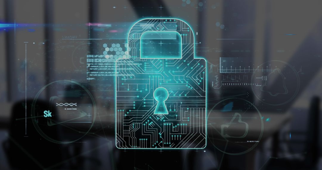 Glowing Digital Lock Icon in Futuristic Workplace Environment