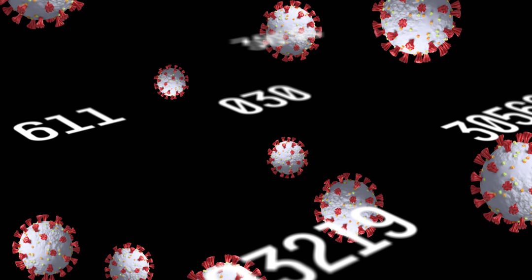 Floating Coronavirus Cells with Digital Numbers on Black