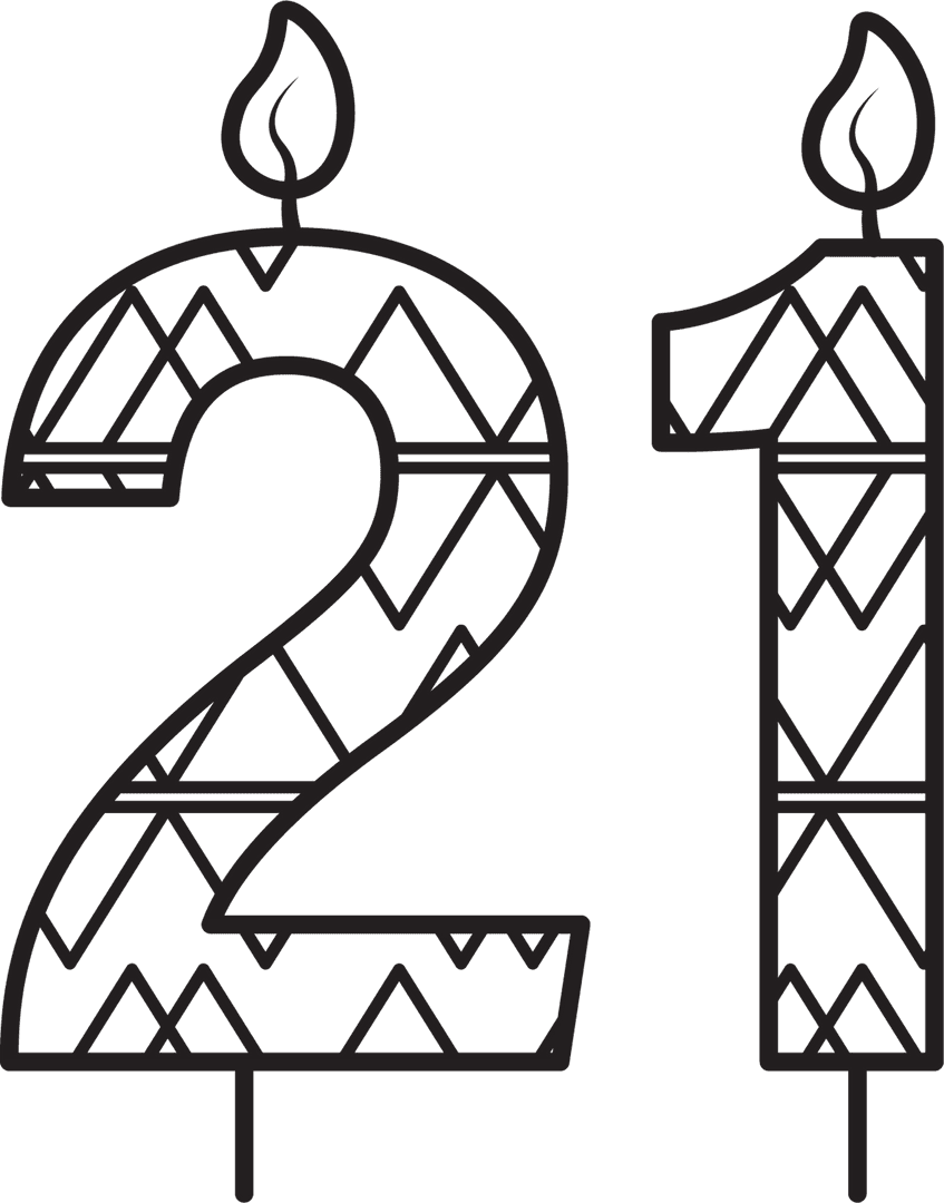 Black 21 Patterned Birthday Candle on Transparent Background