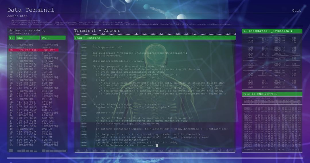 Futuristic Scientific Data Interface with Complex Code and Graphics