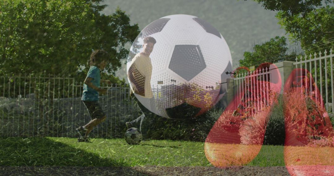 Brothers playing soccer with digital sports theme overlay