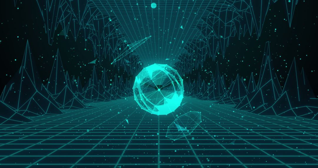 Abstract digital tunnel with floating geometric shape and grid lines