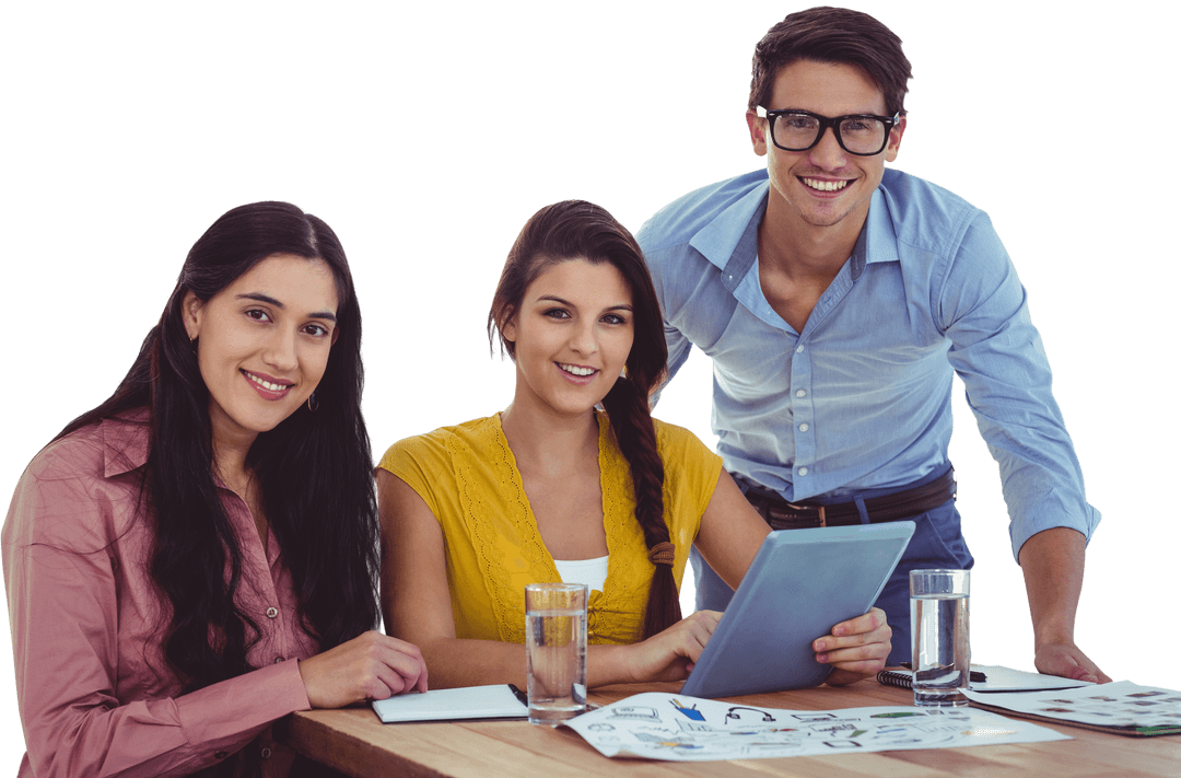 Transparent Photo of Three Creative Team Members in Collaborative Meeting