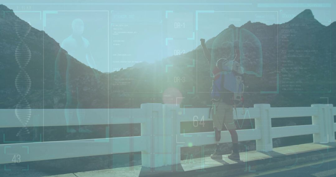 Backpacker crossing mountain bridge with HUD overlay showing health data and GPS metrics