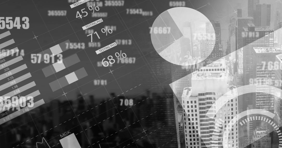 Digital Finance Data Overlay with Cityscape Background