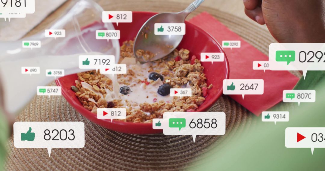 Engaging Breakfast Scene with Social Media Interaction Overlay