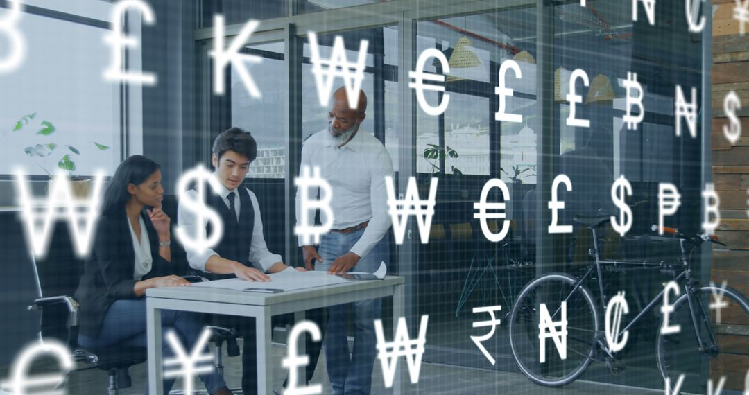 Business Meeting with Currency Symbols Overlay  - Free Images, Stock Photos and Pictures on Pikwizard.com