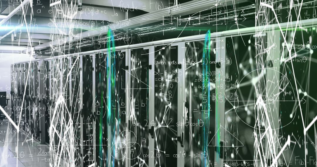 Futuristic Data Center with Networking Graphics and Server Hardware