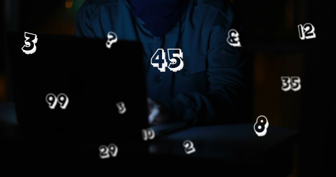 Hacker in Hoodie with Floating Digital Numbers Using Laptop at Night