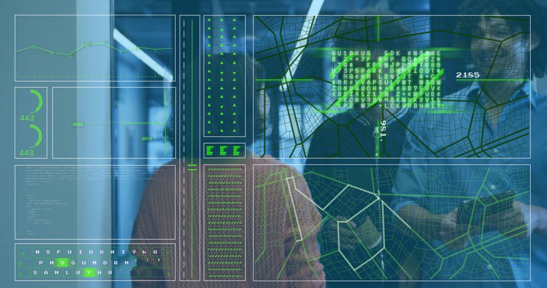 Futuristic Data Analysis Interface in Office Setting