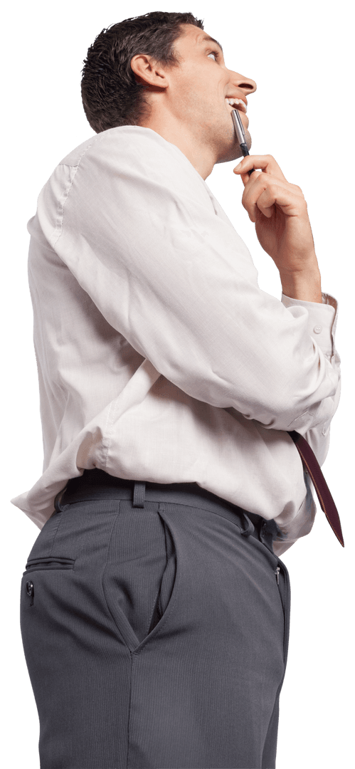 Transparent Businessman Pondering with Pen to Chin