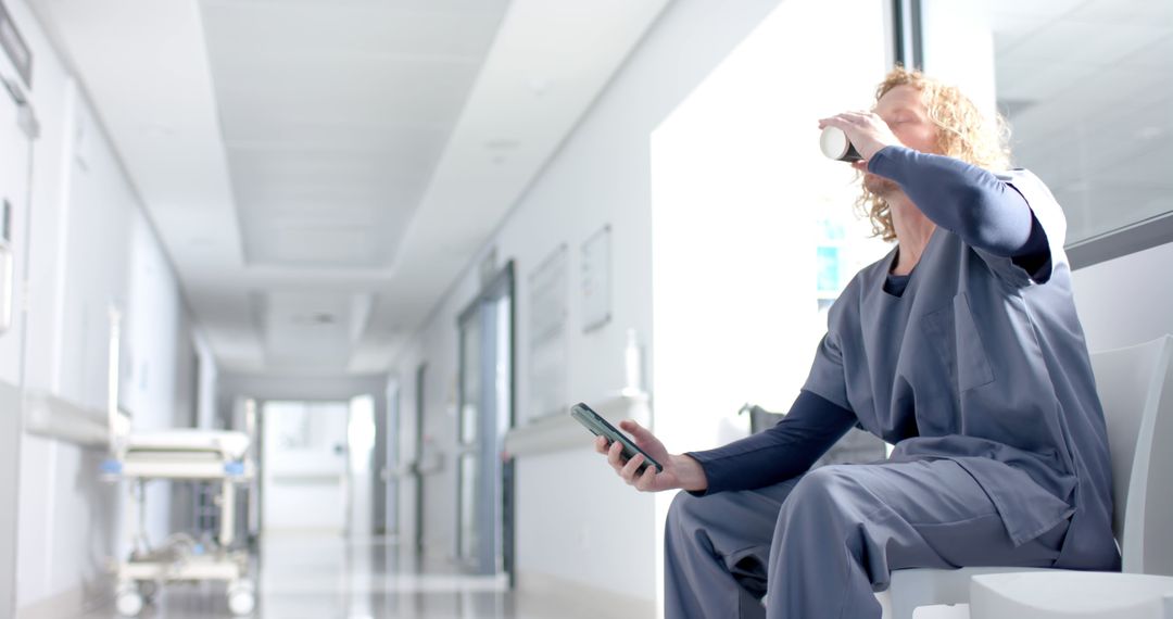 Nurse Drinking Coffee During Break in Hospital Corridor - Free Images, Stock Photos and Pictures on Pikwizard.com