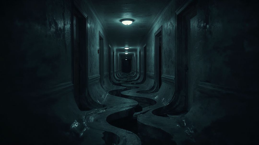 Eerie Deserted Corridor With Snaking Water Channel and Closed Doors