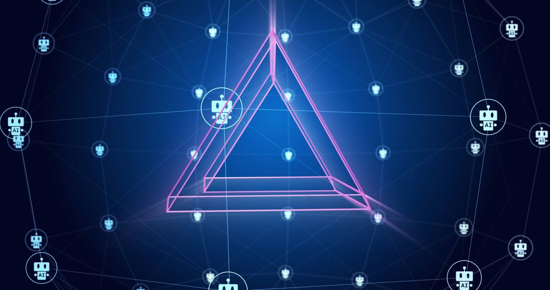 Abstract AI Network with Digital Pyramid and Robotic Icons