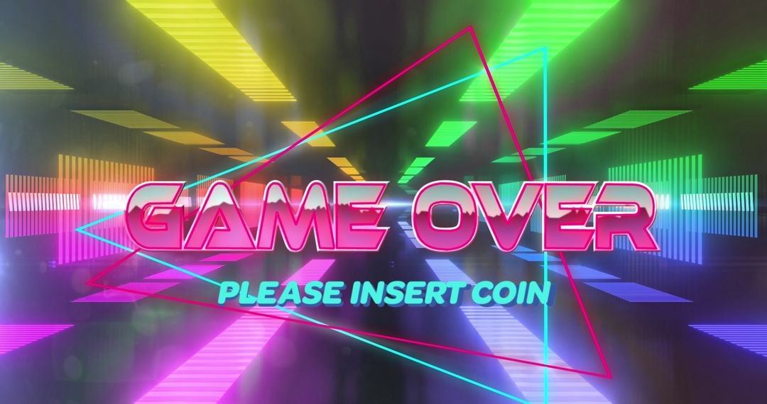 Futuristic Game Over Screen with Neon Lights and Holographic Triangles