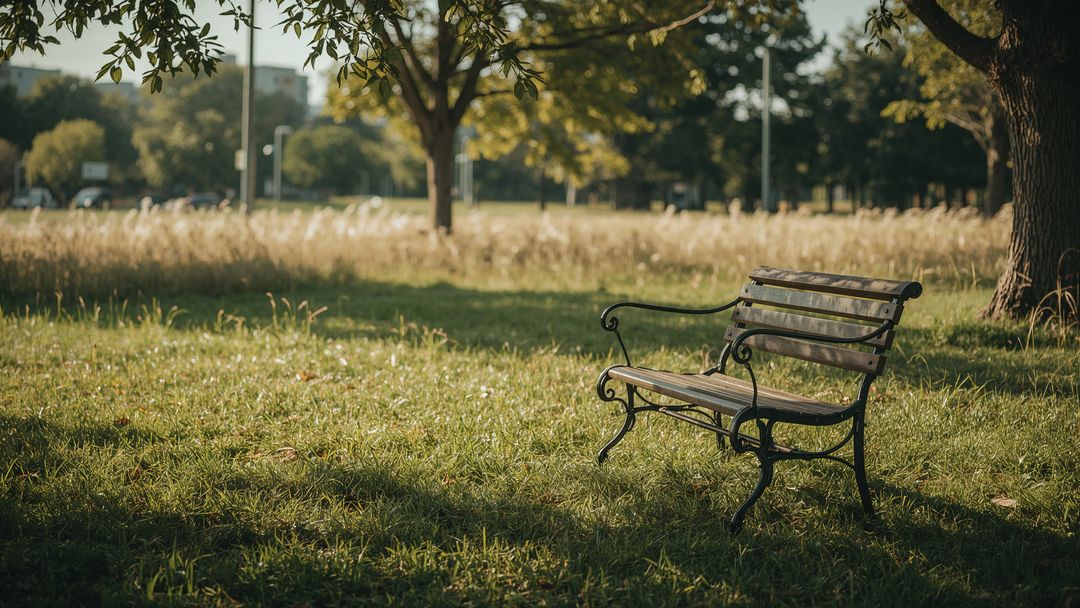 Serene Park Bench in Lush Greenery with Tranquil Atmosphere