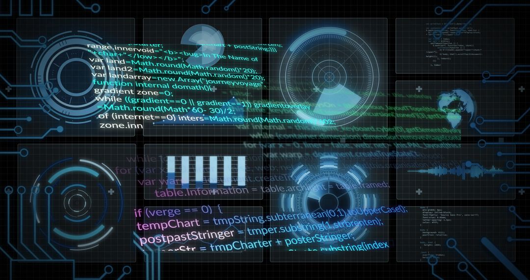 Futuristic Digital HUD Interface with Streaming Code and Data Visuals