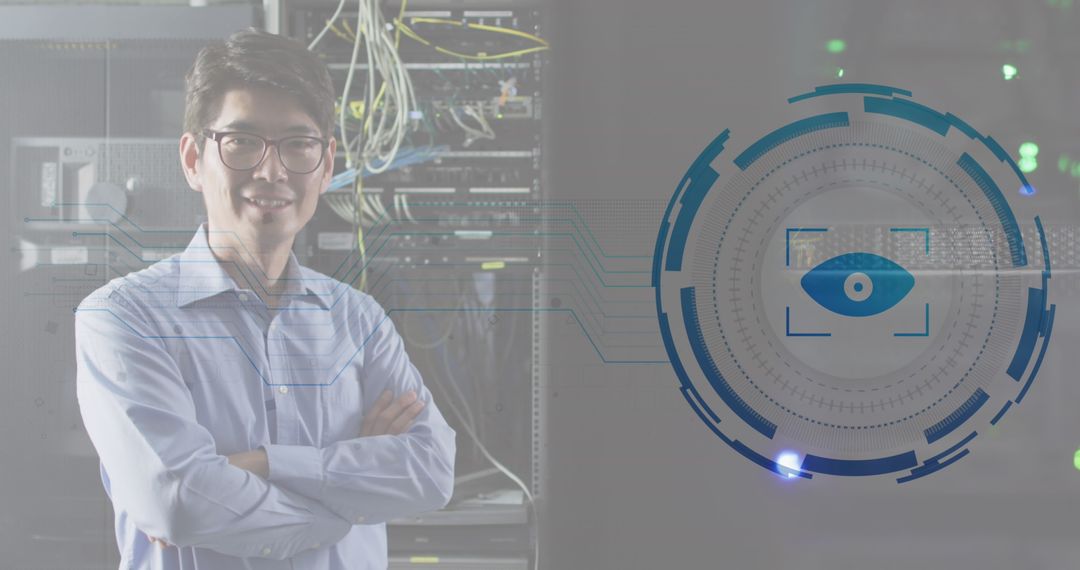 Cybersecurity Professional with Virtual Eye Scanner Overlay in Server Room