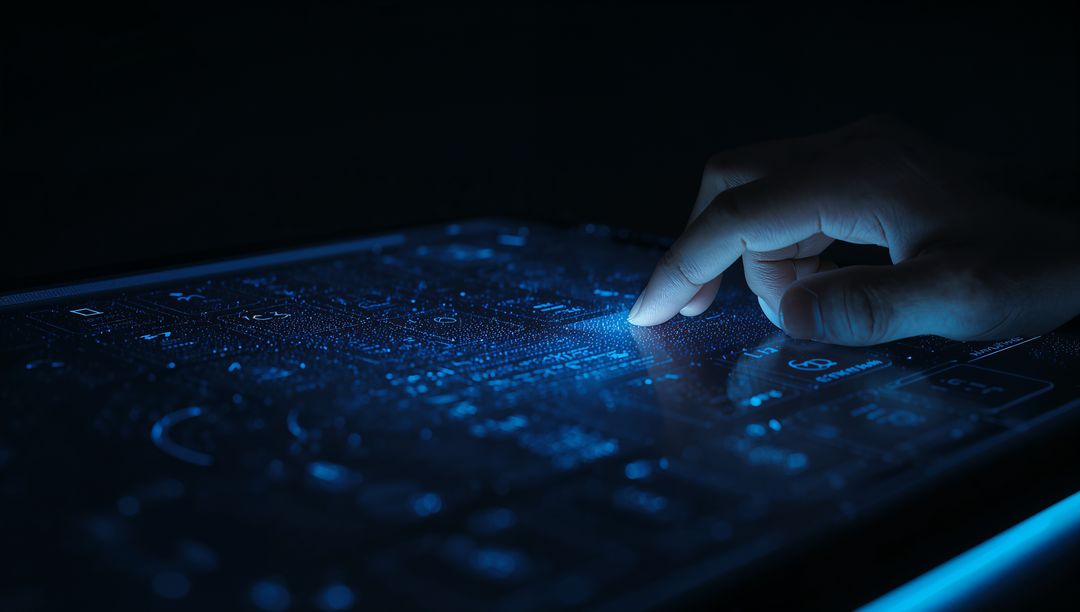 Fingertip Activating Futuristic Cyan Holographic Interface on Touch Table for Control