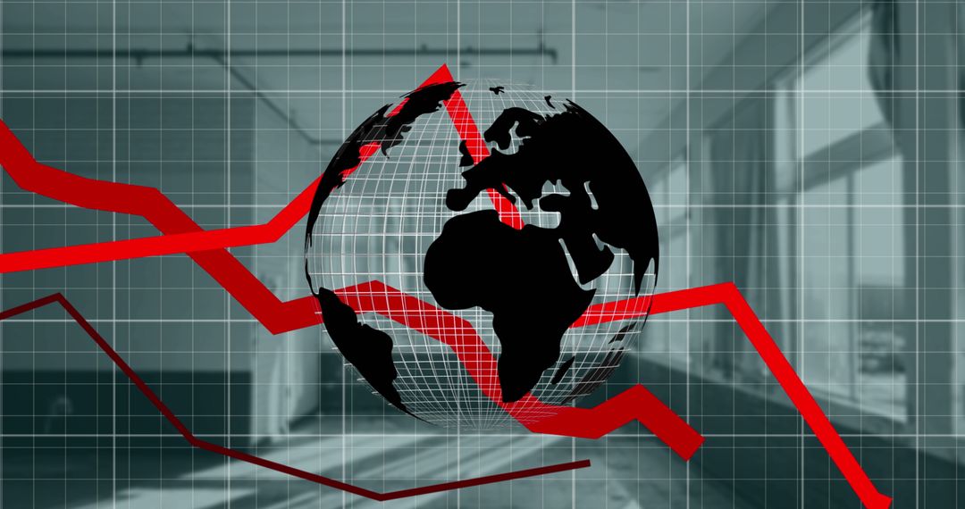 Global Economic Trends with Falling Red Line Graphics Over Flats
