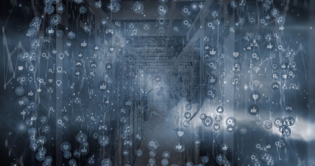 Digital Data Icons Floating in Modern Server Room