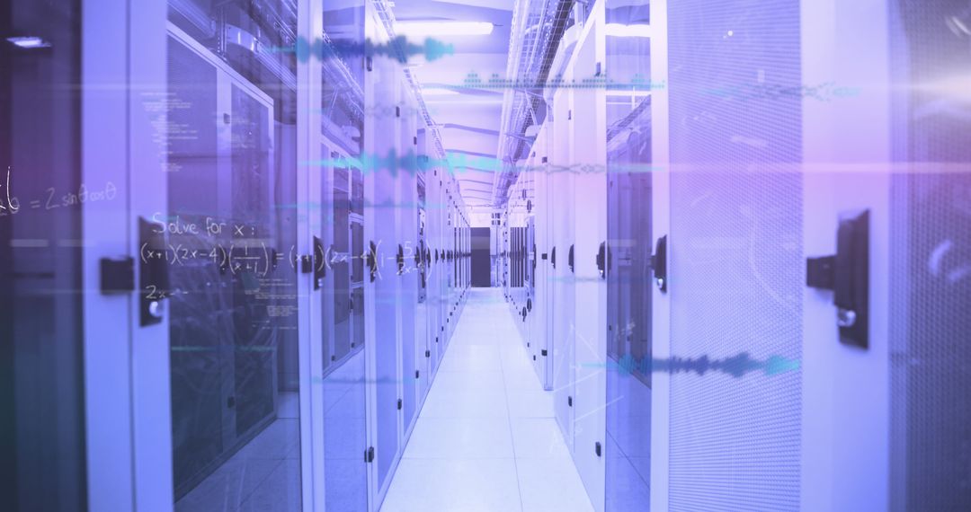 Visual Data Flow Overlaying Modern Server Room Environment